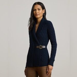 RALPH LAUREN $378 Cashmere Sweater Cable Knit Shawl Cowl Navy Blue V-Neck Jumper